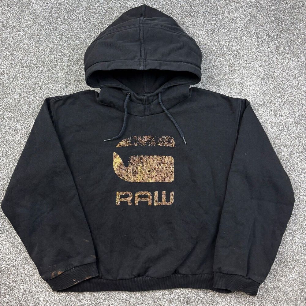 G-Star RAW Hoodie Womens Small Black‎ Cropped Logo Sweatshirt Pullover